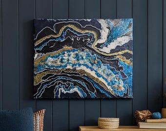 Resin Geode Painting | Abstract Wall Art | Handmade Home Decor | Black Blue Gold Silver