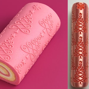 Peut inclure: Un gâteau roulé rose avec un motif d'arbre de Noël. Le gâteau est décoré de volutes, d'étoiles et d'un flocon de neige en relief. Le rouleau révèle une garniture tourbillonnante jaune et blanche. Un rouleau à pâtisserie cuivré avec un motif d'arbre assorti est également présenté.