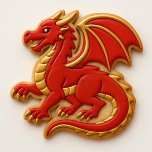 May include: A red dragon-shaped biscuit with gold detailing. The dragon features detailed wings, horns, and claws. The biscuit is a vibrant red with gold outlines and details, set against a neutral background. A fantasy-themed treat.