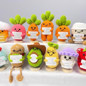 Pode incluir: Uma coleção de pelúcias artesanais com tema de comida, incluindo uma cenoura, um abacate e uma xícara de café. Cada pelúcia segura uma pequena placa com um trocadilho ou mensagem encorajadora. Os itens são exibidos em suportes de madeira.