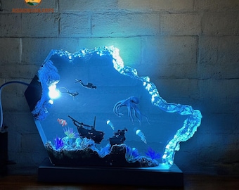 Ocean Resin Lamp With Octopus & Diver, Handmade Wood Resin Night