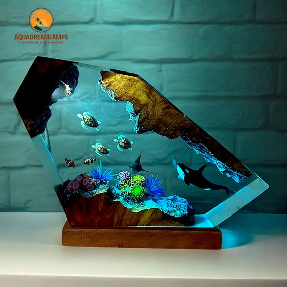 Custom Ocean Night Light - Epoxy Resin Wood Lamp - Orca, Turtle