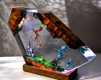 Handmade Dragon Diorama Lamp – Resin Wood Night Light