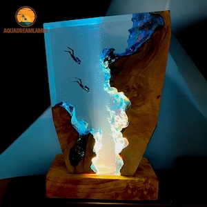 Personalized Diver&#39;s Night Light - Epoxy Wood Lamp - Scuba Diving Deep Sea Decor - Freediving Gift - Halloween, Christmas, Valentine’s Gift