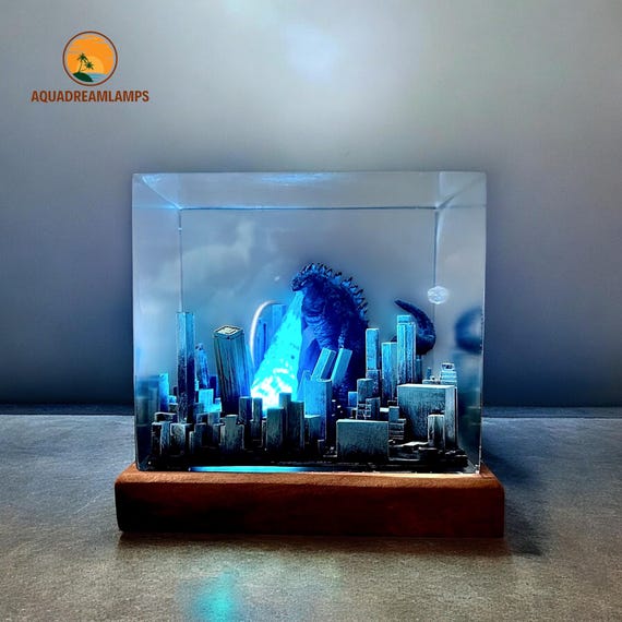 Handmade Godzilla Diorama Lamp, Resin Kaiju City Battle Light