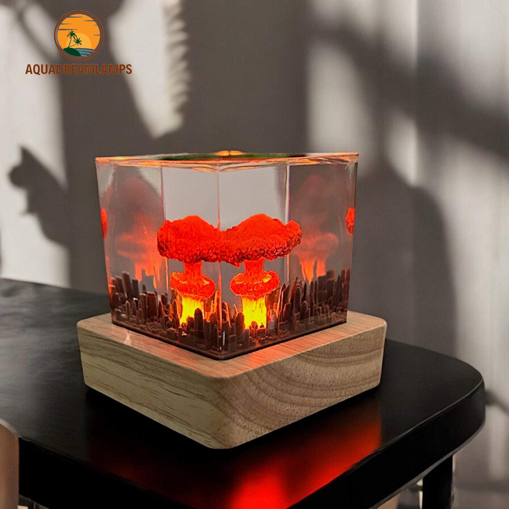 火山樹脂ジオラマランプ - 手作りエポキシ木製ランプ - 原爆アート
