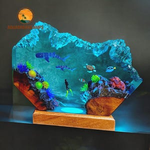 Diorama Whale Ocean Lamp - Custom Epoxy Resin Night Light - Orca, Turtle, Fish Decor - Handmade Wood Table Lamp - Unique Gift for Home Decor