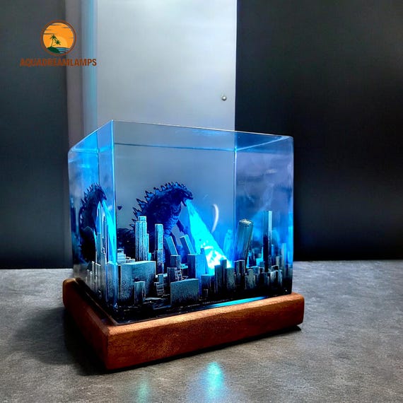 Handmade Godzilla Diorama Lamp, Resin Kaiju City Battle Light