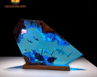 Grand océan créatif résine époxy bois lampe lumière mer profonde grotte plongée
