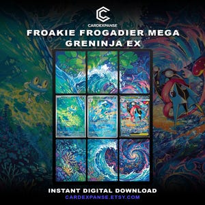 May include: A digital collection of nine interconnected trading card illustrations featuring Froakie, Frogadier, and Mega Greninja EX. The artwork displays vibrant blue, green, and pink aquatic scenes with swirling water, coral reefs, and star patterns.