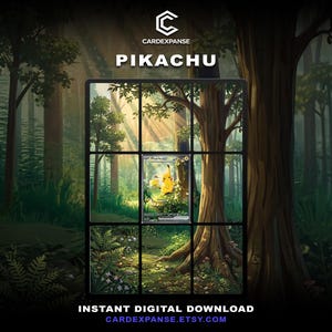 Peut inclure: Une carte à collectionner numérique représentant un personnage Pikachu jaune dans une forêt, affichée dans un cadre en grille. Le texte CARDEXPANSE, PIKACHU et INSTANT DIGITAL DOWNLOAD CARDEXPANSE.ETSY.COM apparaît sur le fond sombre.