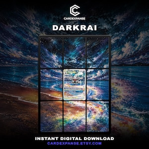 Peut inclure: Une carte à collectionner Darkrai VSTAR centrée dans une grille superposée sur un paysage de plage cosmique coloré et vibrant. La carte affiche le texte Darkrai VSTAR et 270 HP. L'arrière-plan montre un ciel étoilé au-dessus d'un océan lumineux.