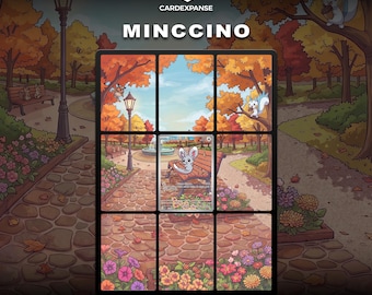 Könnte beinhalten: Eine digitale Illustration mit dem Text CARDEXPANSE MINCCINO und INSTANT DIGITAL DOWNLOAD CARDEXPANSE.ETSY.COM. Das Bild zeigt ein Raster über einer Parkszene mit herbstlichen Bäumen, einem Steinweg, einem Brunnen und einer Minccino-Sammelkarte.