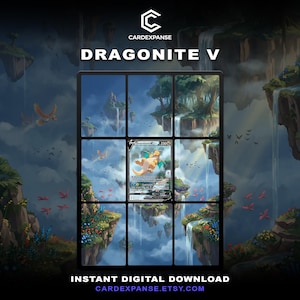 Puede incluir: Una pantalla digital que muestra una carta coleccionable Dragonite V central rodeada por una cuadrícula. El fondo representa un paisaje de fantasía con islas flotantes, cascadas y aves voladoras. El texto incluye CARDEXPANSE, DRAGONITE V e INSTANT DIGITAL DOWNLOAD.