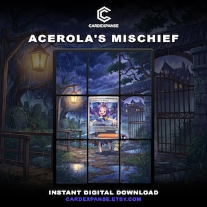 Peut inclure: Une carte à collectionner numérique intitulée Acerola's Mischief représentant un personnage aux cheveux violets dans un cimetière sombre et pluvieux avec une lanterne, des grilles en fer et une petite créature fantôme.