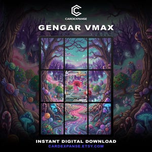 Peut inclure: Une carte à collectionner Gengar VMAX présentée dans une grille de neuf panneaux. L'illustration montre un personnage fantôme violet dans une forêt sombre et fantastique remplie de bonbons, de champignons et d'esprits brillants.