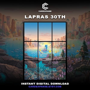May include: A digital graphic featuring a central Lapras trading card surrounded by a nine-panel grid overlay. The background displays a vibrant landscape with a blue lake, rocky cliffs, palm trees, and yellow duck-like creatures in the water.