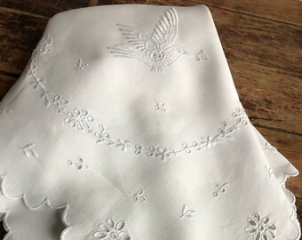 Antique Swiss Embroidered Linen Tablecloth, Birds & Floral Garland, Broderie Anglaise, Tea Table, Wedding Centerpiece