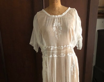 Edwardian Bobbinet Tulle Dress Tambour Lace Sheer Overdress Embroidered Antique Lingerie Dress