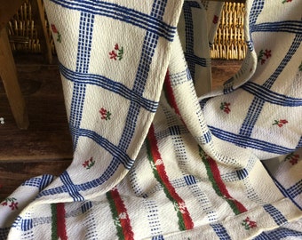 Extra Long French Country Table Runner, Blue Red Floral Woven Cotton Textile