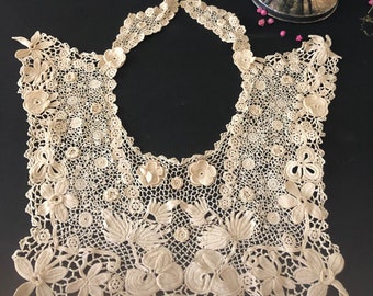Antique Irish Crochet Lace Collar, Edwardian Capelet, Raised Floral Motifs, Bridal Yoke