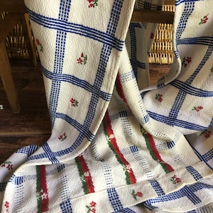 May include: A cream-colored textile featuring a grid pattern of blue woven lines and small embroidered red floral motifs. The fabric includes vertical bands of red and green decorative stitching, creating a textured appearance throughout the cloth.