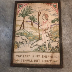 Vintage Religious Sampler Prayer, English Society Silkwork Embroidery, The Lord Is My Shepherd