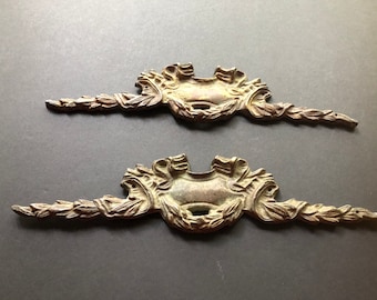 Pair Antique French Ormolu Ribbon Garland Mounts, Gilded Bronze Furniture Garniture, Louis XV Rococo Architectural Decor, French Pediment