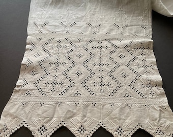 Scandinavian Handwoven Linen Table Runner, Danish Hardanger Embroidery, Kloster Needlework, 90" Vintage Heirloom Textile