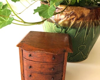 Antique Miniature Wooden Chest Coin Bank, Primitive Bow Front Drawers, Folk Art Money Box