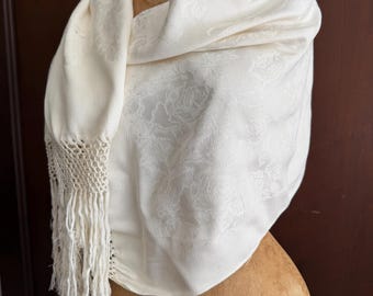 Vintage Damask Rose Shawl Wrap, Cream Fringe Stole, Romantic Evening or Bridal Wrap