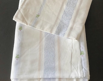 Vintage Swiss Damask Duvet Cover Pillow Sham Set, Rosebuds and Metallic Stripe