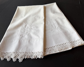 Antique Monogrammed Pillowcases Pair D Initial Lace Trim Hand Embroidered Cotton Edwardian Linens