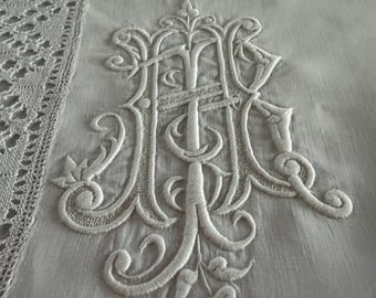 Antique Swiss Linen Euro Sham Pillow Cover Monogram Handmade Torchon Lace Boudoir Pillow