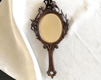 Antique Swiss Brienz Hand Mirror, Black Forest Edelweiss Carving, 19th Century Beveled Vanity Mirror