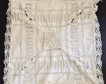 Antique Tenerife Lace Pillow Sham, Canary Islands Drawn Thread Cluny Bobbin Border
