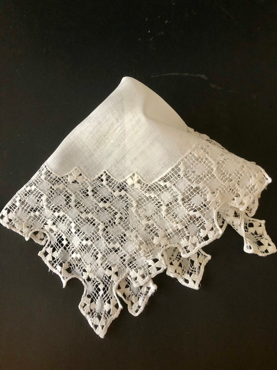 Heirloom Bridal Handkerchief, Antique Drawn Lace … - image 2