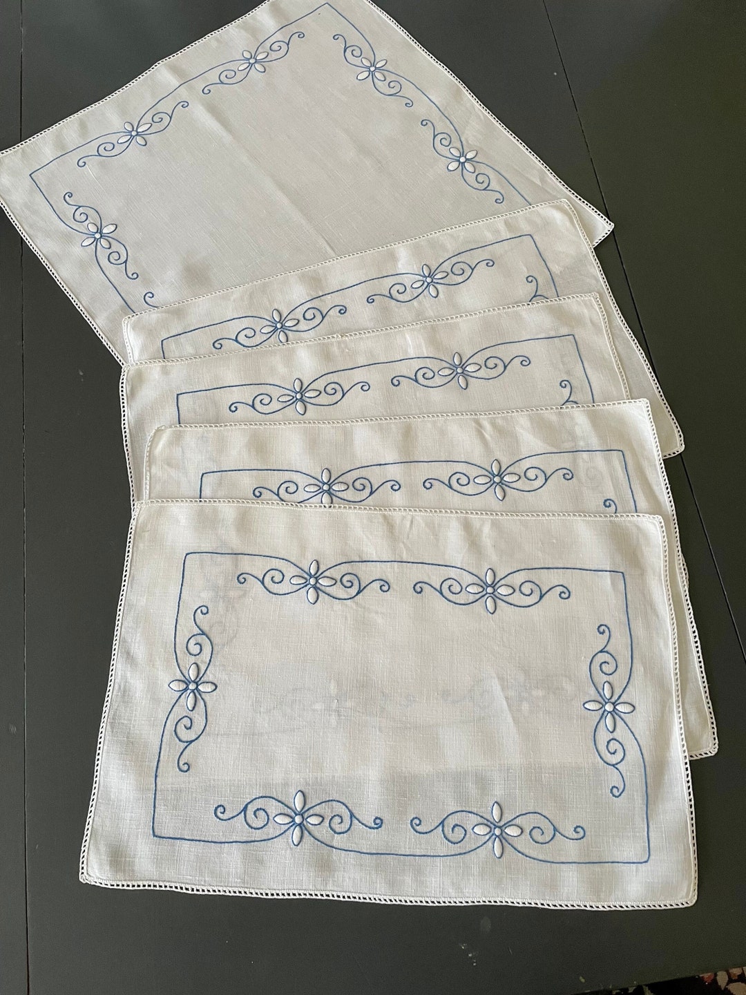 Buy Vintage Linen Placemats, Fine Blue on White Embroidery, Fine Swiss