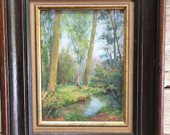 Vintage Woodland Creek Landscape Oil Painting, Signed Original, Atmospheric Forest Scene, Antique Deep Cove Wood Frame, Paris Find