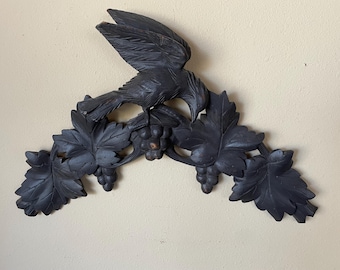 Swiss Black Forest Bird Carving, Brienz Architectural Furniture Fragment, Grapes and Vine Leaves, Antique Hand Carved Wood Wall Decor