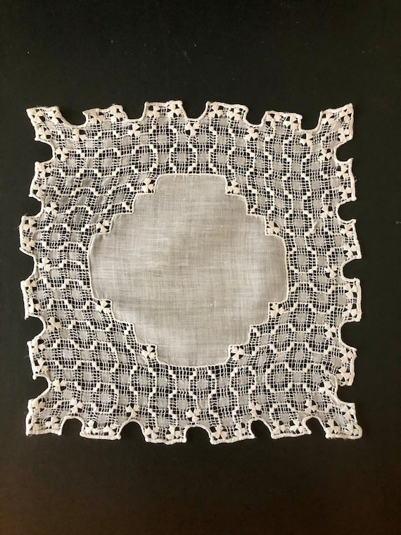 Heirloom Bridal Handkerchief, Antique Drawn Lace … - image 1