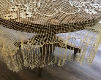Arts & Crafts Lace Tablecloth Hand Knotted Filet Net Lace Silk Needlework c1900