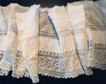 Victorian Edwardian Hand Knitted Lace Flounce, Antique Bridal Dress Trim, Fine Linen and Drawnwork, Wedding Heirloom, 66 Inch Length