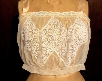 Antique French Valenciennes Lace Camisole, Edwardian Tulle Lingerie, Handmade Filet Lace Insertions, Belle Époque Boudoir Garment