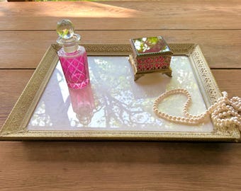 Mid Century Hollywood Regency Vanity Tray, Reticulated Brass, White Finish, Glass Dresser Tray, Fleur de Lis, French Provincial Glam