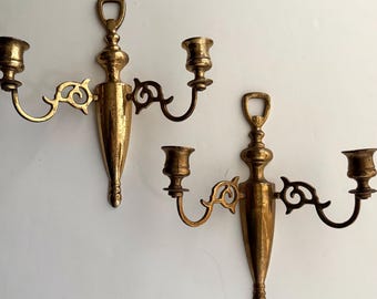 Pair English Solid Brass Wall Candle Sconces Double Arm Vintage Made in England