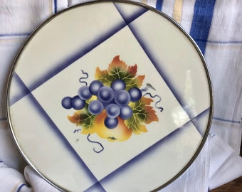 German Bauhaus Era Spritzdekor Cake Plate, Airbrushed Fruit & Cheese Platter, Art Deco Serving Tray, Grapes Pear Design, 12 Inch