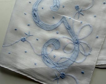 Vintage Swiss Linen Handkerchief, G Monogram, Blue Embroidery, Something Blue Heirloom