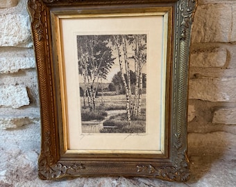 Antique Birch Tree Etching Signed Pencil Woodland Landscape Gilt Frame French Louis XV Style