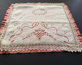 Antique Linen Cutwork Boudoir Cushion Cover Lace Trim Silk Back Victorian